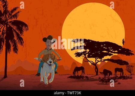 Dogboy, man riding beagle dog in the field with mountain and silhouette of tree and horse eating grass while sun is falling. vector illustration Stock Vector