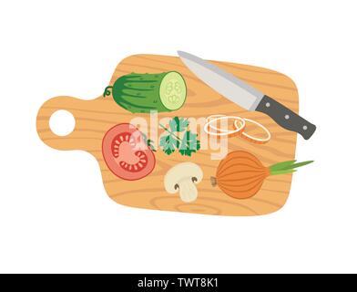 Cutting board and vegetables Cooking card poster with tomato, cucumber, onion, mushrooms, parsley and knife. Stock Vector