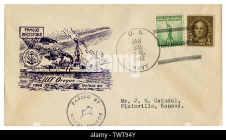 The USA - 22 January 1942: US historical envelope: cover with a navy cachet Famous ancestors, USS Oregon, 1898, Santiago bay, passed by naval censor Stock Photo