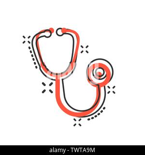 Stethoscope sign icon in comic style. Doctor medical vector cartoon illustration on white isolated background. Hospital business concept splash effect Stock Vector