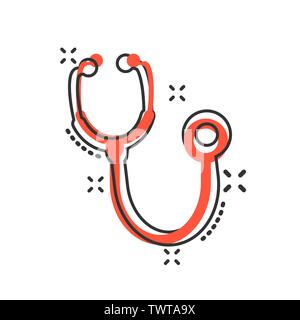 Stethoscope sign icon in comic style. Doctor medical vector cartoon illustration on white isolated background. Hospital business concept splash effect Stock Vector