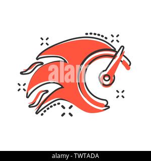 Flaming speedometer sign icon in comic style. Accelerate vector cartoon illustration on white isolated background. Motion tachometer business concept Stock Vector