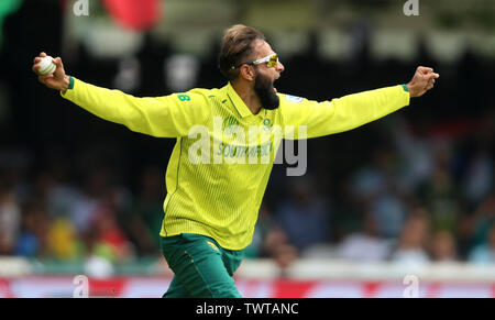 South Africa's Imran Tahir celebrates only for a wicket to be given not out during the ICC Cricket World Cup group stage match at Lord's, London. Stock Photo