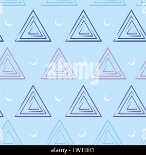 Vector light and dark blue stylish triangular pattern with white half moon with seamless grid line texture. Geometric shapes background Stock Vector