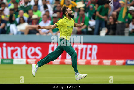 South Africa's Imran Tahir celebrates taking the wicket of Pakistan's Imam-ul-Haq during the ICC Cricket World Cup group stage match at Lord's, London. Stock Photo