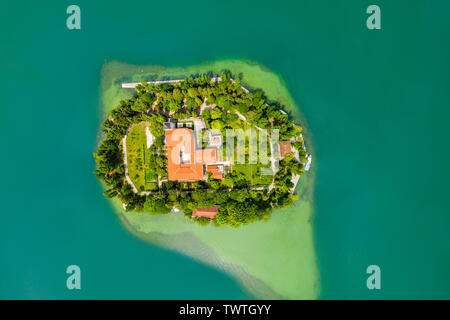 Beautiful island of Visovac on lake in Krka national park, Dalmatia, Croatia, overhead view Stock Photo