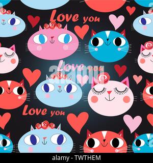 Seamless festive pattern of cats in love with hearts on a dark background Stock Vector