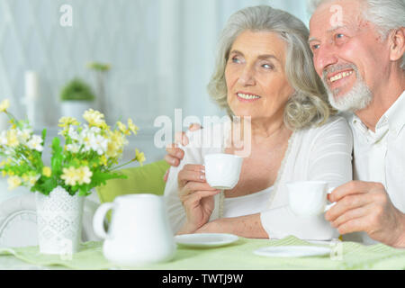 Portrait of happy senior couple drinking tea Stock Photo