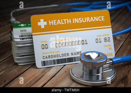 Health care medical Insurance card  and stethoscope as a symbol of  medicine on the wood background. 3d illustration Stock Photo