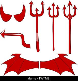 Set of devil equipment isolated on white background. Red devil horn, tail, trident, wings. Halloween concept. Vector illustration for design. Stock Vector