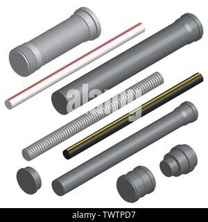 Set of various plastic pipes for sewage, water pipe and connecting flanges isolated on a white background. 3D isometric style, vector illustration. Stock Vector