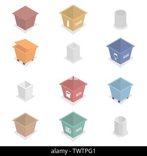 Set of container for garbage of different types, metal and concrete. Isolated on white background. Flat 3D isometric style, vector illustration. Stock Vector
