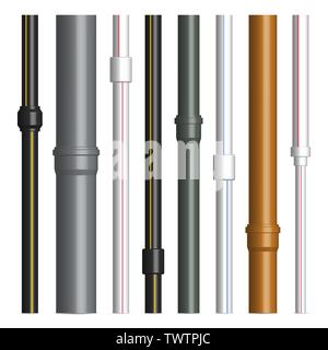 Set of various plastic pipes for sewage, water pipe with connecting flanges isolated on a white background. Front view, vector illustration. Stock Vector