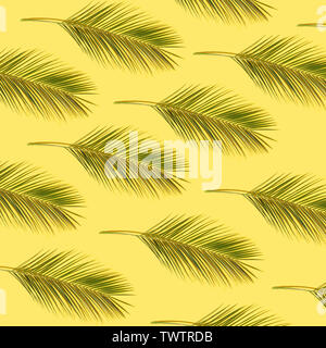 Green palm leaves pattern on yellow background Stock Photo