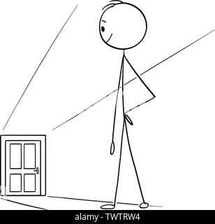 Vector cartoon stick figure drawing conceptual illustration of man or businessman watching door in far as opportunity or challenge metaphor. Stock Vector