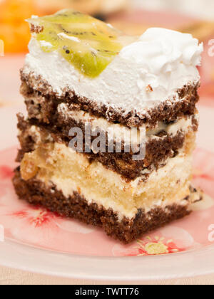 Slice of delicious mouth-watering cake with chocolate, white whipped cream and fruit: kiwi, raisins, dried apricots, prunes. Close-up three-quarter vi Stock Photo