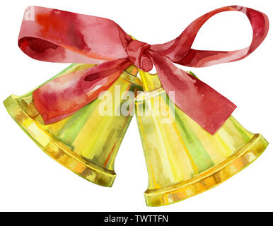 Watercolor christmas golden bells with red satin bow illustration. New ...