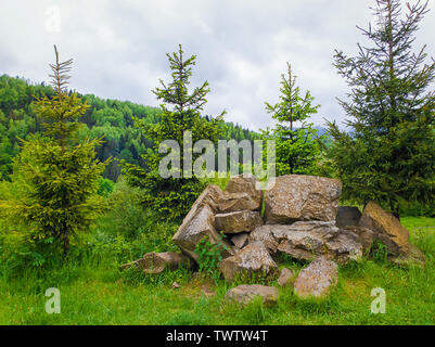 Beautiful spring day in the carpathian mountains with coniferous forest on the top of the hills. Natural landscape, fir trees and a pile of stones. Di Stock Photo