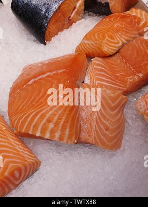 Image of fresh Norwegian salmon on crushed ice Stock Photo