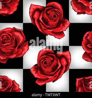 Wonderland red roses on chessboard background. Vector seamless pattern Stock Vector