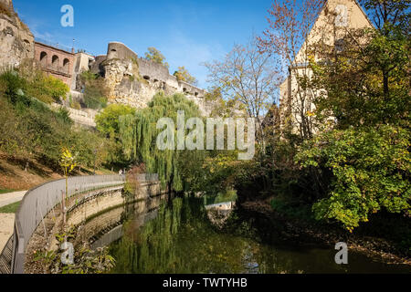 Wonderful view of Alzette river and Bock Promontory in Grund district. Luxembourg City Stock Photo