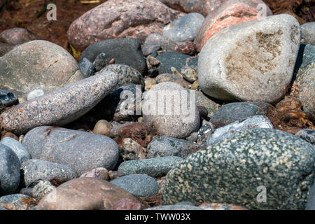 Multi coloured pebbles on a beach in bright sunshine Stock Photo