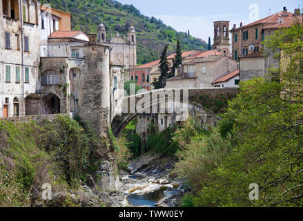The medieval village Dolcedo with stone bridge Ponte Grande, a maltese bridge built 1292, province Imperia, Liguria, Italy Stock Photo