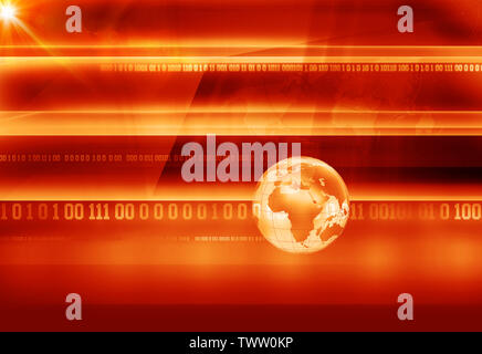 Earth globe with digital binary codes graphical red theme background ...