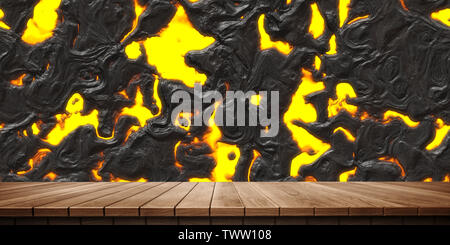 Colorful wooden platform background: magma and lava.  ( 3D rendering computer digitally generated illustration.) Stock Photo