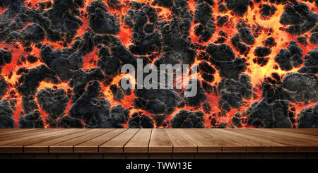 Colorful wooden platform background: magma and lava.  ( 3D rendering computer digitally generated illustration.) Stock Photo