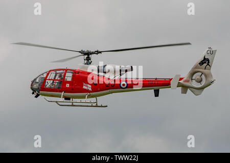 An ex RN Gazelle helicopter formerly operated by The Sharks Display Team but now with the civilian Gazelle Squadron, seen at Dunsfold, UK on 16/6/19. Stock Photo