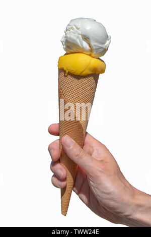 Hand holding an ice cream cone isolated on white background Stock Photo