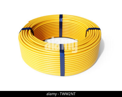 Yellow plastic rolled hose pipe or cable isolated on white background. 3d rendering illustration Stock Photo