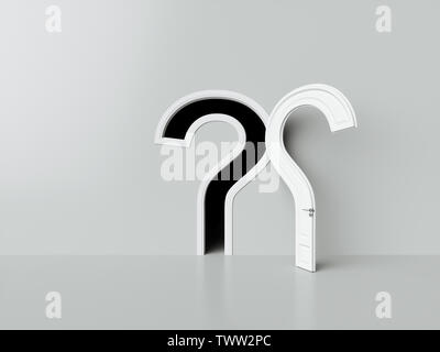 Answers to the question door shape. The opened doors in form of question sign in the dark room. 3d rendering illustration Stock Photo