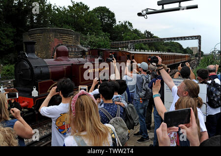 London, UK. 23rd June 2019. Large crowd attended the celebrations for the 150th Anniversary of the District Line, which London Underground are celebrating by running a heritage steam train between Ealing Broadway and High Street Kensington stations on 22nd & 23rd June. This is expected to be the last time steam trains will travel into central London on the Underground, due to signalling modernisation work. G.P. Essex / Alamy Live News Stock Photo