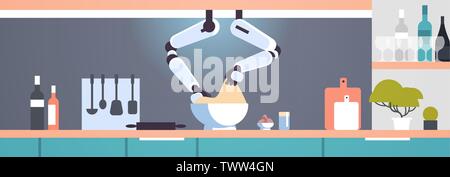 smart handy chef robot making dough in bowl robotic assistant innovation technology artificial intelligence concept modern kitchen interior flat Stock Vector