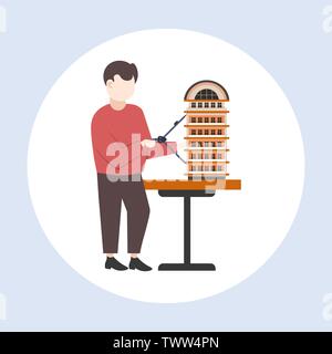 man architect using compass engineer drafting new building city model urban panning project concept housing contractor designing house plan with Stock Vector