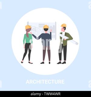 architects working with blueprint engineers team discussing new building project during meeting builders in helmet industrial technicians teamwork Stock Vector