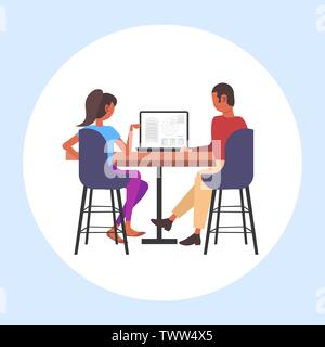 architects couple using laptop engineers drafting house project on computer screen with blueprints housing contractors designing house plan full Stock Vector