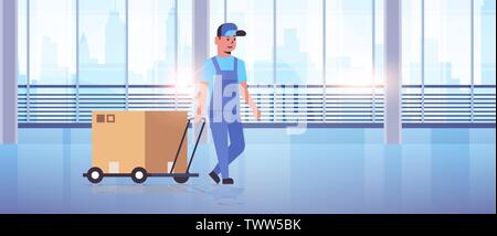 courier in uniform pushing trolley with cardboard box express delivery service concept worker with hand truck modern office hall interior flat full Stock Vector