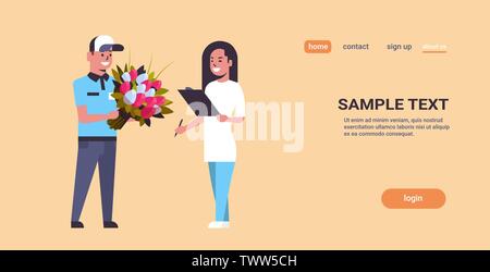 courier man giving bouquet of flowers to woman recipient express delivery service concept girl receiving parcel from deliveryman horizontal full Stock Vector