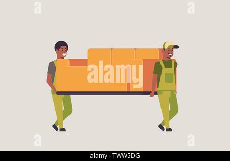 two african american couriers in uniform moving couch express delivery service concept professional furniture movers holding new sofa flat full length Stock Vector