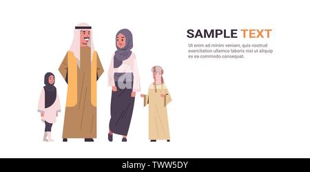 arabic parents with children standing together happy arab family in traditional clothes full length flat copy space horizontal Stock Vector