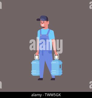 courier man in uniform holding two plastic bottles of fresh water express delivery service concept flat full length Stock Vector