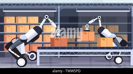robotic workers loading cardboard boxes hi-tech smart factory robot artificial intelligence logistics automation technology concept modern warehouse Stock Vector
