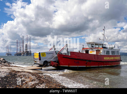 The Cromarty to Nigg ferry at Cromarty, Black Isle, Ross and Cromarty, Scotland, United Kingdom. This is one of the smallest car ferries in the UK. Stock Photo