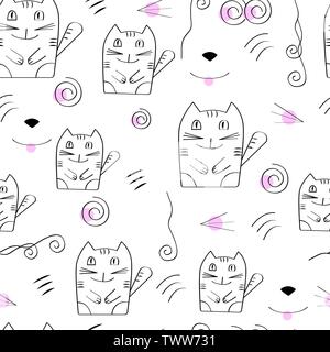 Seamless pattern with cartoon cute cats. Vektor illustration. White background. Creative nursery background. Can be used  for kids design, fabric, wra Stock Vector