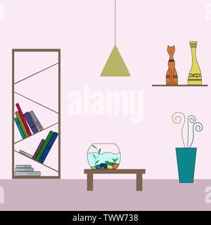 Home decoration colorful execution. Shelf, books, figurine, cat, moneybox, aquarium, flower, cactus, flowerpot, book shelf, table, lamp. Vector flat i Stock Vector