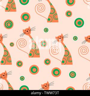 Seamless pattern with funny cartoon cats. Vector illustration. Can be used for kids design, fabric, wrapping, wallpaper, textile, apparel. Eps 10. Stock Vector