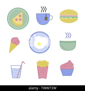 Vector illustration of food icons. Hamburger, fried eggs, pizza, plate, hot soup, hot tea, ice cream, cupcake, French fries, mineral water, glass, mug Stock Vector